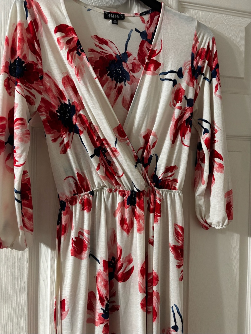 Timing White Maxi Dress with Red Floral & Navy Accents